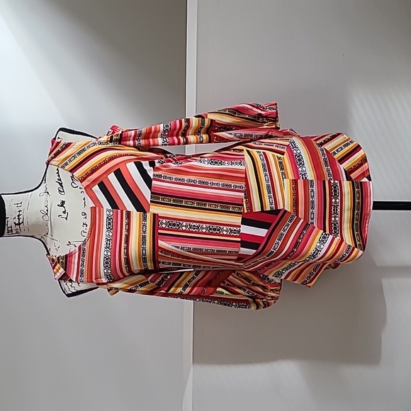 New Directions striped tribal print patchwork sunset color cold shoulder blouse - Picture 1 of 3